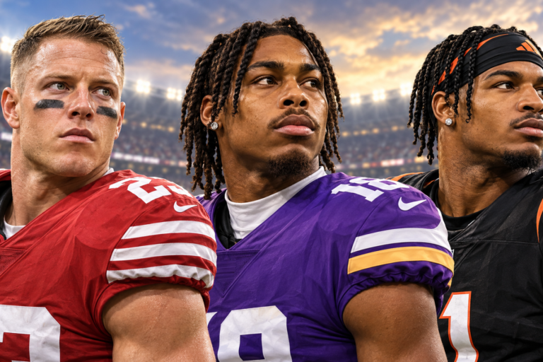 Editorial illustration of Christian McCaffrey, Justin Jefferson and Ja’Marr Chase