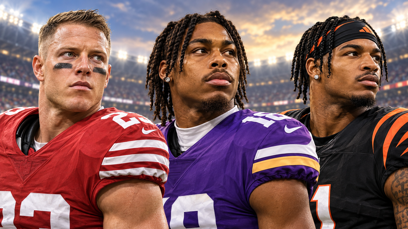Editorial illustration of Christian McCaffrey, Justin Jefferson and Ja’Marr Chase