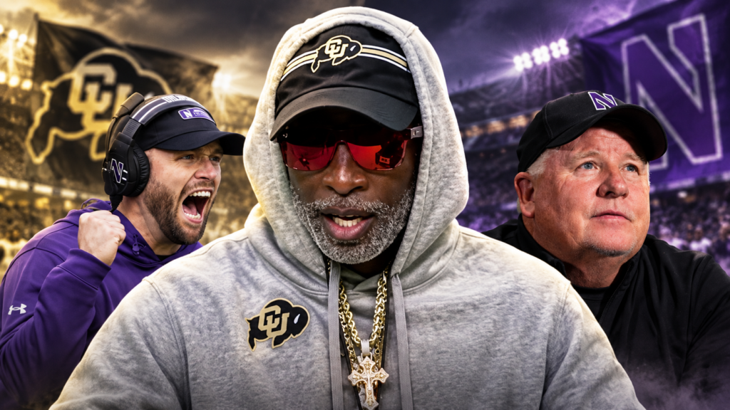 Deion Sanders with Northwestern coaches David Braun and Chip Kelly ahead of Colorado's Week 3 trip to Northwestern