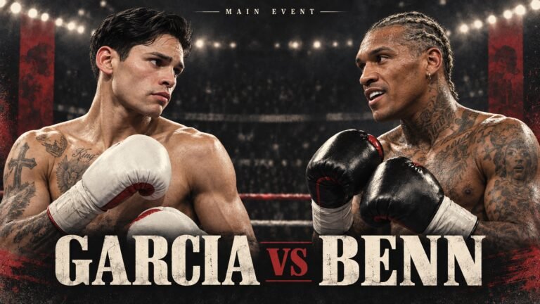 Editorial illustration of Ryan Garcia, left, and Conor Benn, right, wearing boxing gloves ahead of their September 12 title fight.