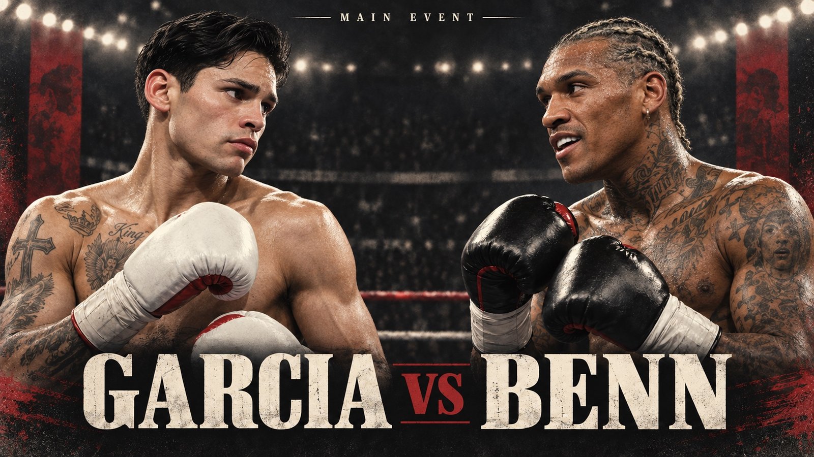 Editorial illustration of Ryan Garcia, left, and Conor Benn, right, wearing boxing gloves ahead of their September 12 title fight.