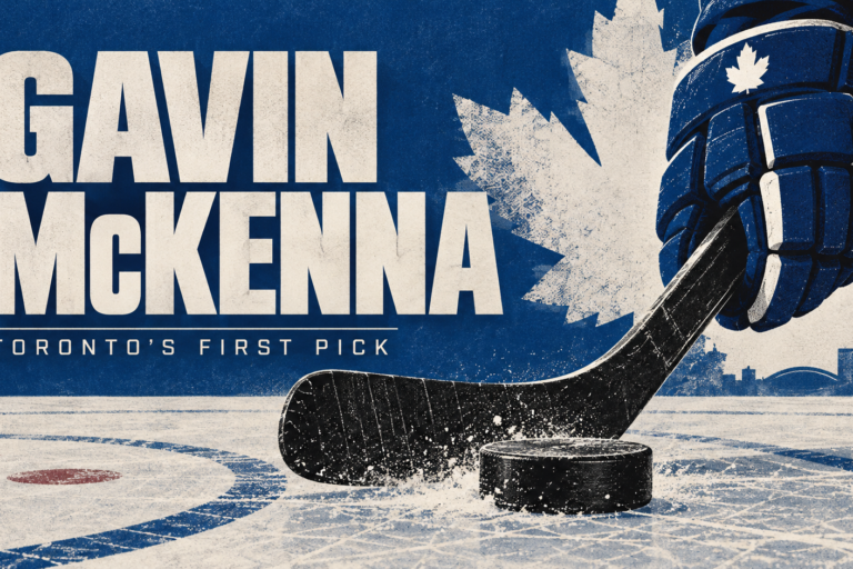 Blue and ivory editorial illustration with Gavin McKenna’s name, a hockey glove, stick and puck, and Toronto skyline.