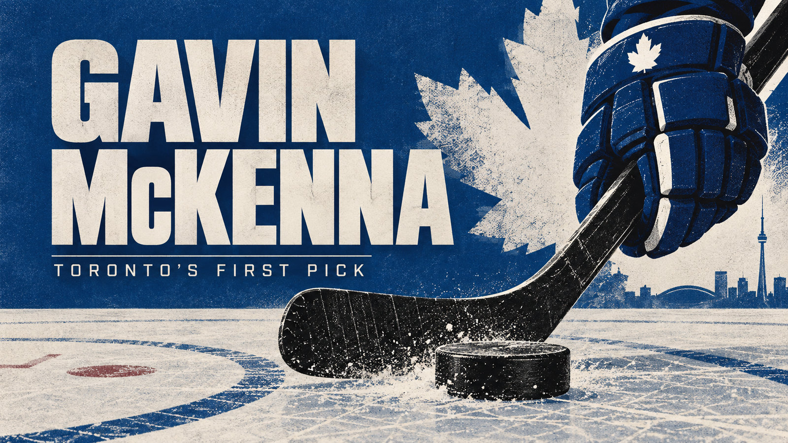 Blue and ivory editorial illustration with Gavin McKenna’s name, a hockey glove, stick and puck, and Toronto skyline.