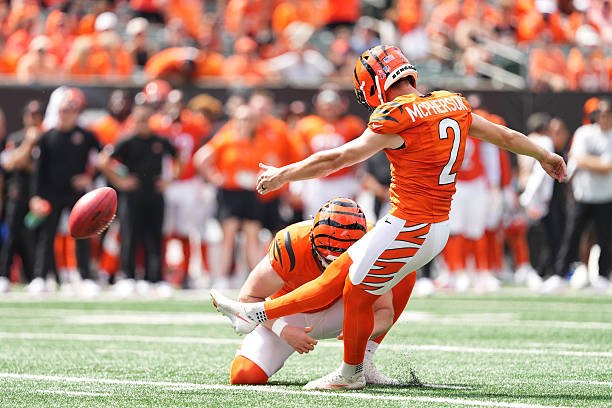 Cincinnati Bengals kicker Evan McPherson kicks during the Week 1 game against the Tampa Bay Buccaneers.