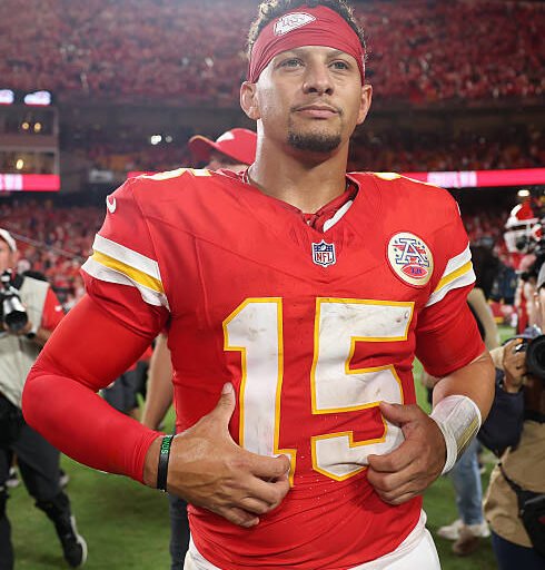 Patrick Mahomes in his red Kansas City Chiefs No. 15 jersey and headband after the Colts game.