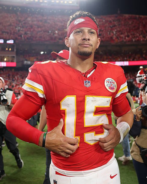 Patrick Mahomes in his red Kansas City Chiefs No. 15 jersey and headband after the Colts game.