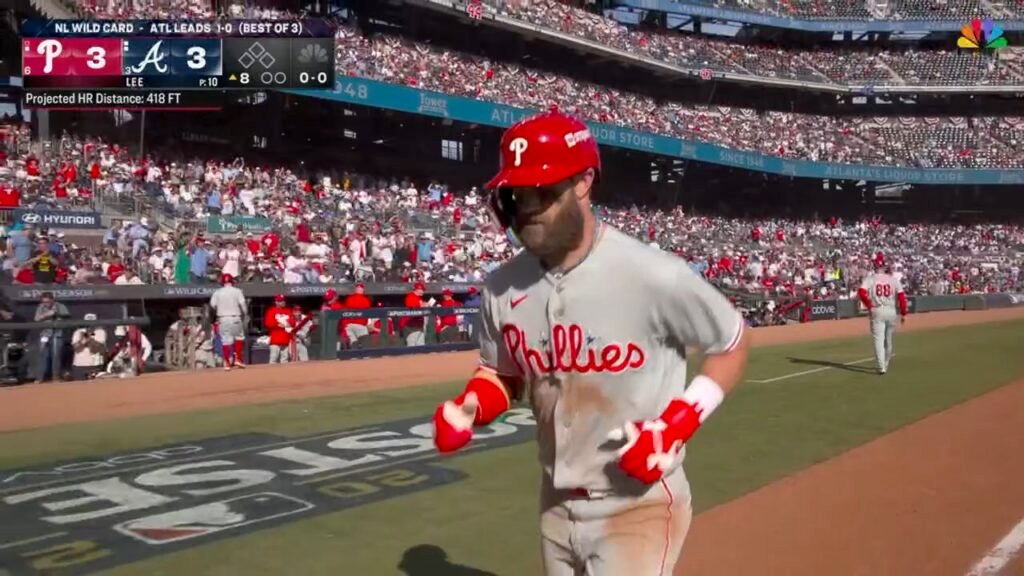 Bryce Harper heads toward the dugout after his eighth-inning home run tied the Braves 3–3 in Wild Card Game 2 on September 30, 2026