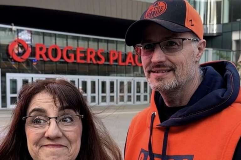 Two Edmonton Oilers fans interviewed outside Rogers Place for a CBC News report on hockey viewing costs.
