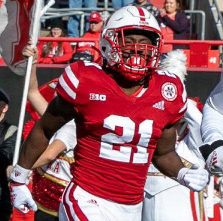 Emmett Johnson in a Nebraska football uniform before a 2022 game.