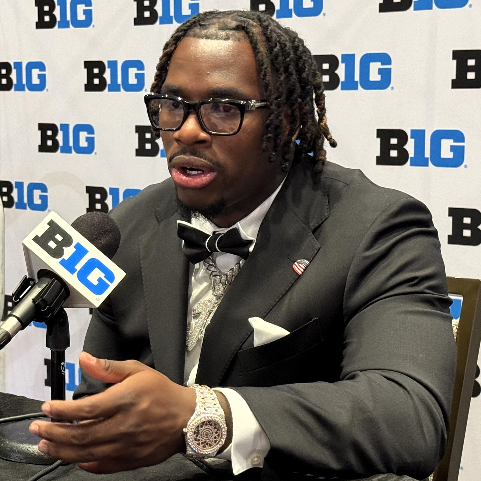 Jonah Coleman speaking at 2025 Big Ten Football Media Days.