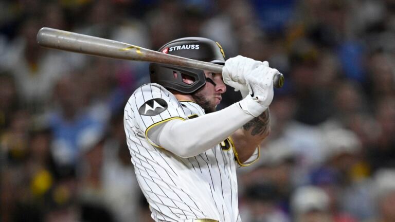 Jackson Merrill batting, as pictured in MLB’s coverage of his two-run single against the Cubs in Game 1 on September 29, 2026.