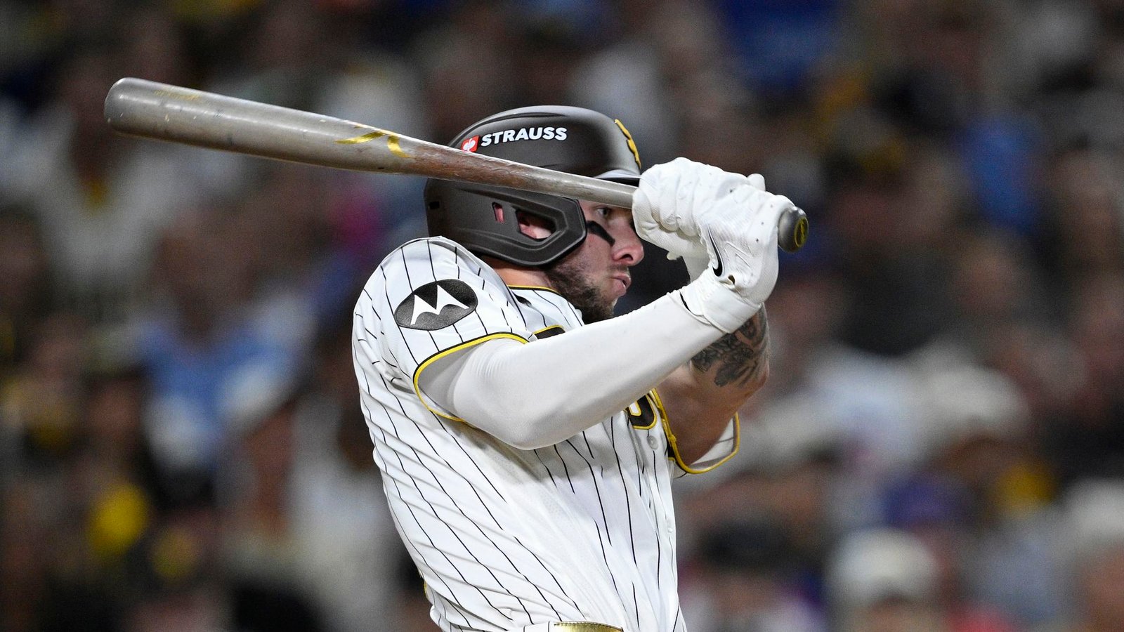 Jackson Merrill batting, as pictured in MLB’s coverage of his two-run single against the Cubs in Game 1 on September 29, 2026.