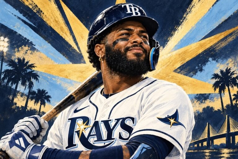 Editorial illustration of Junior Caminero in a Rays uniform, holding a bat against navy, sky-blue and gold rays.