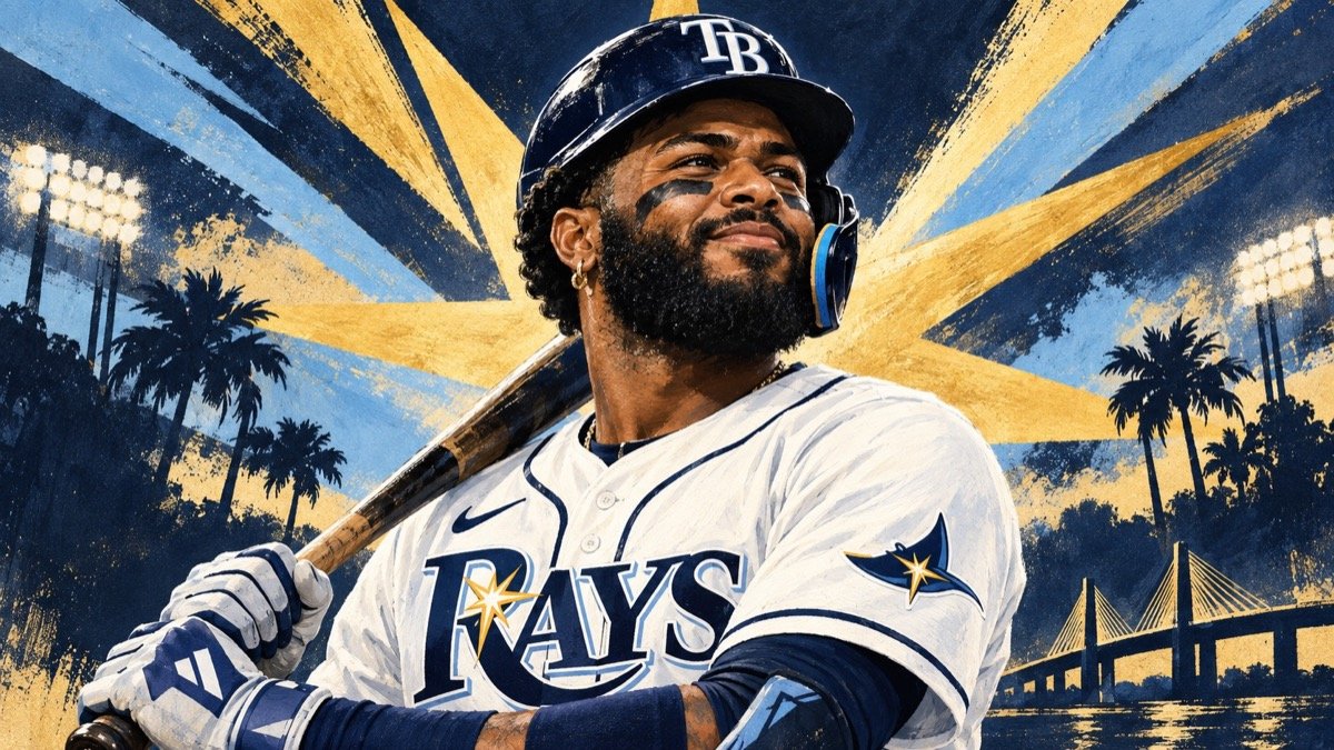 Editorial illustration of Junior Caminero in a Rays uniform, holding a bat against navy, sky-blue and gold rays.
