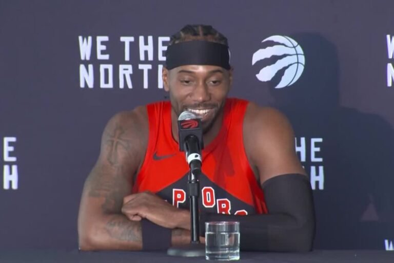 Kawhi Leonard speaks at Toronto Raptors media day on September 28, 2026. Video frame.