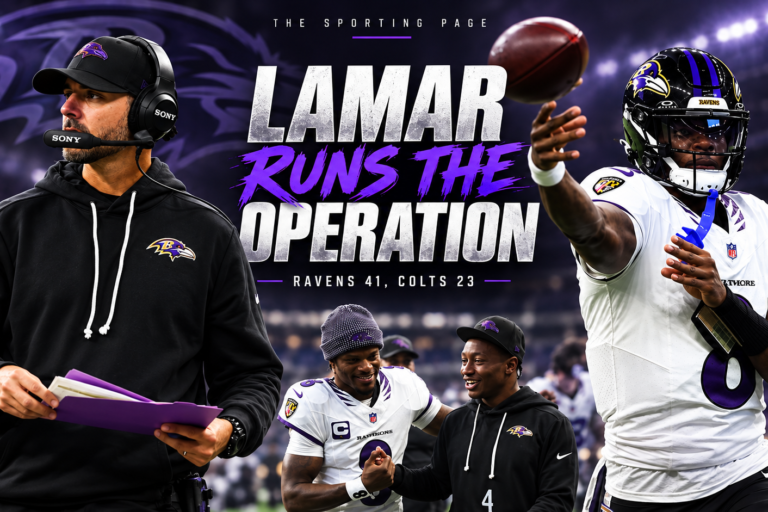 Jesse Minter and Lamar Jackson in a Baltimore Ravens Week 1 graphic reading “Lamar Runs the Operation,” with the final score Ravens 41, Colts 23.