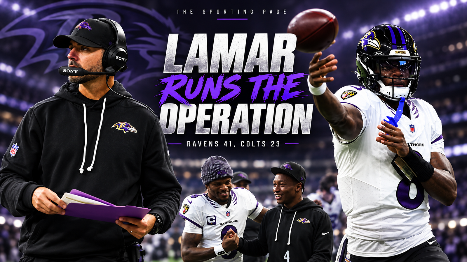 Jesse Minter and Lamar Jackson in a Baltimore Ravens Week 1 graphic reading “Lamar Runs the Operation,” with the final score Ravens 41, Colts 23.