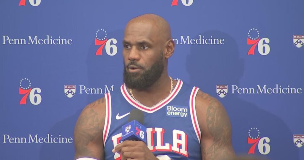 LeBron James speaks at Philadelphia 76ers media day on September 28, 2026. Video frame from CBS News Philadelphia.