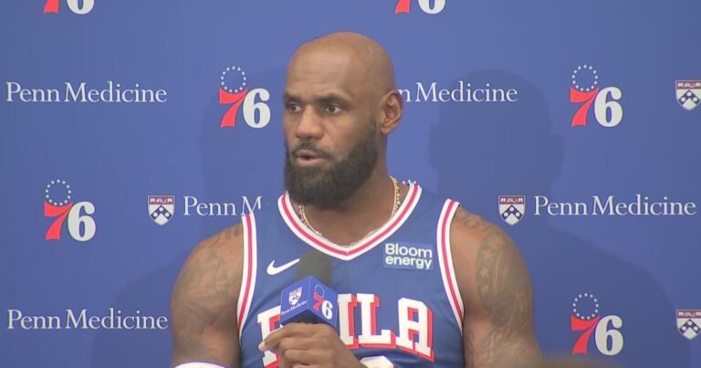LeBron James speaks at Philadelphia 76ers media day on September 28, 2026. Video frame from CBS News Philadelphia.