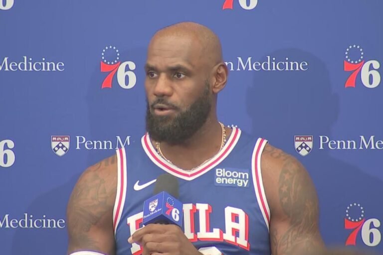 LeBron James speaks at Philadelphia 76ers media day on September 28, 2026. Video frame from CBS News Philadelphia.