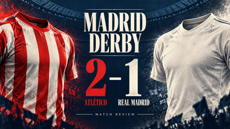 Illustrated Madrid derby thumbnail showing Atl&eacute;tico&rsquo;s red-and-white shirt, Real Madrid&rsquo;s white shirt and a 2&ndash;1 scoreline.