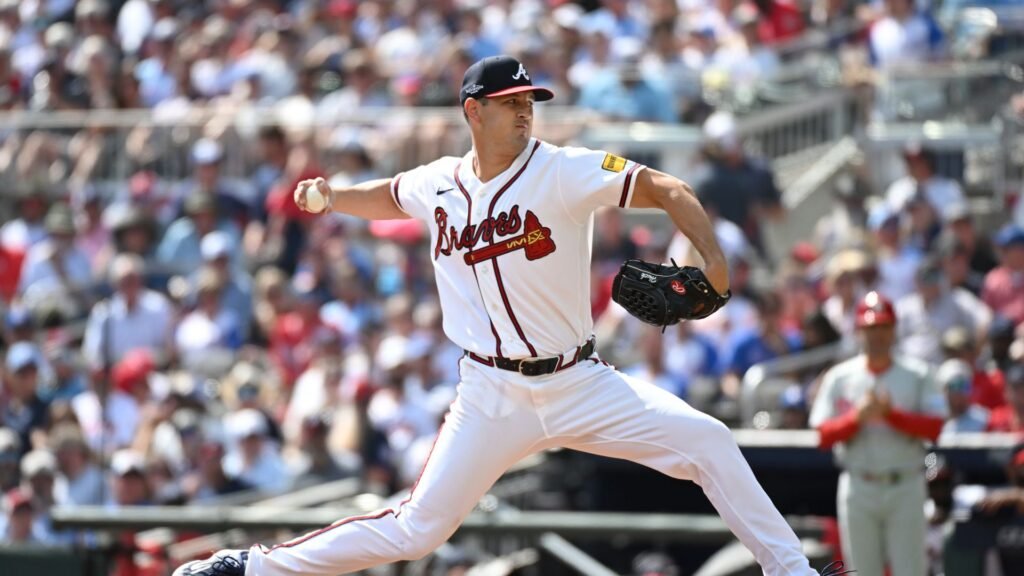 Tyler Mahle pitching against Philadelphia in Game 2 at Truist Park