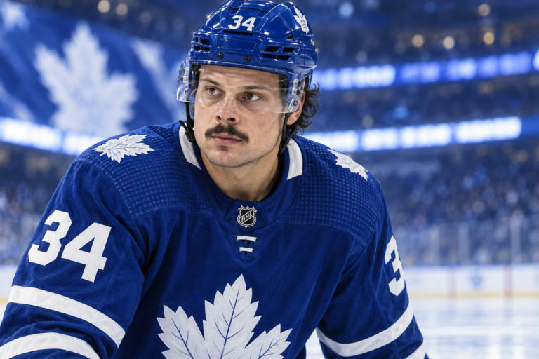 Editorial illustration of Auston Matthews in a Toronto Maple Leafs jersey