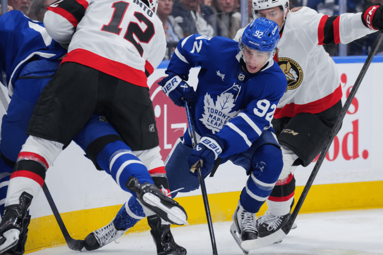 Gavin McKenna plays against Ottawa during Toronto’s preseason game on September 23, 2026.