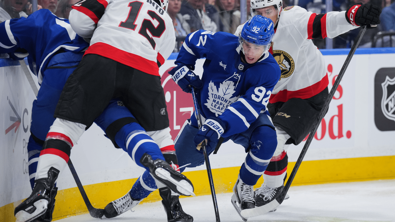 Gavin McKenna plays against Ottawa during Toronto’s preseason game on September 23, 2026.