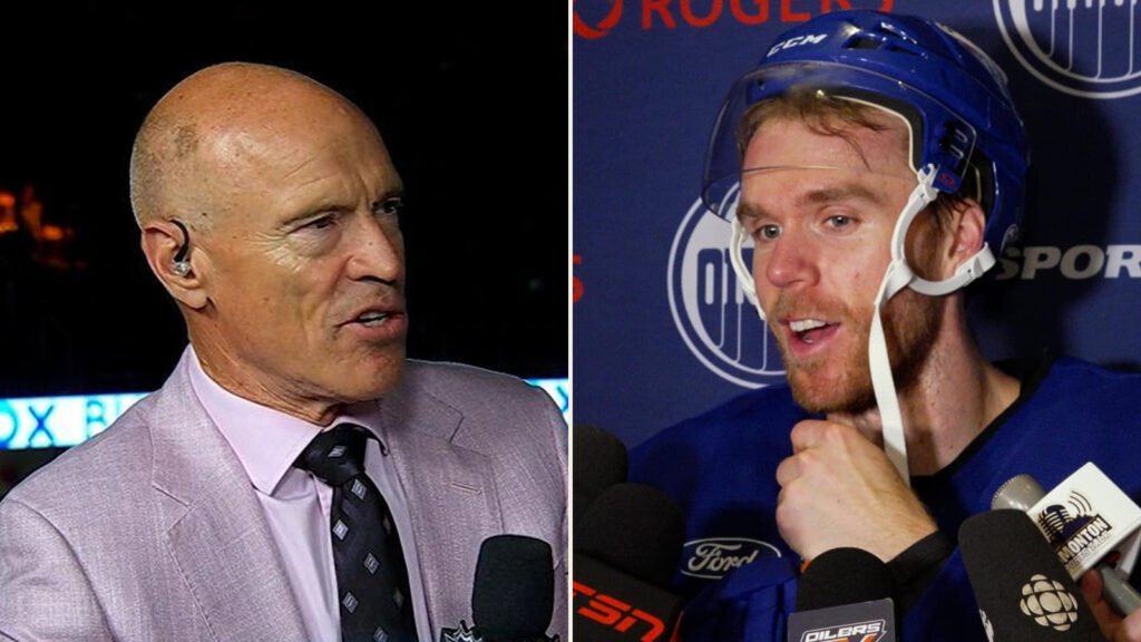 Split-screen of Mark Messier in a suit and Connor McDavid in an Oilers helmet speaking in separate interviews.