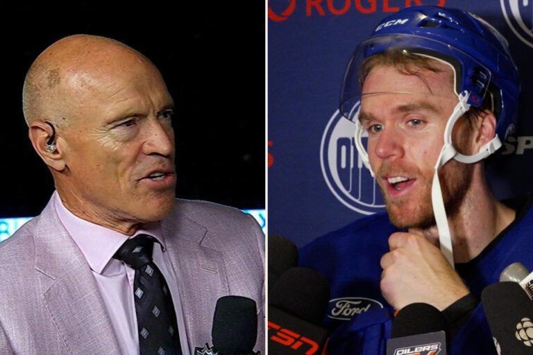 Split-screen of Mark Messier in a suit and Connor McDavid in an Oilers helmet speaking in separate interviews.