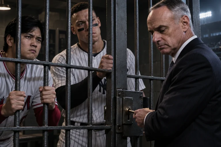 Editorial illustration of Shohei Ohtani and Aaron Judge behind bars as Rob Manfred turns a key, symbolizing an MLB lockout.