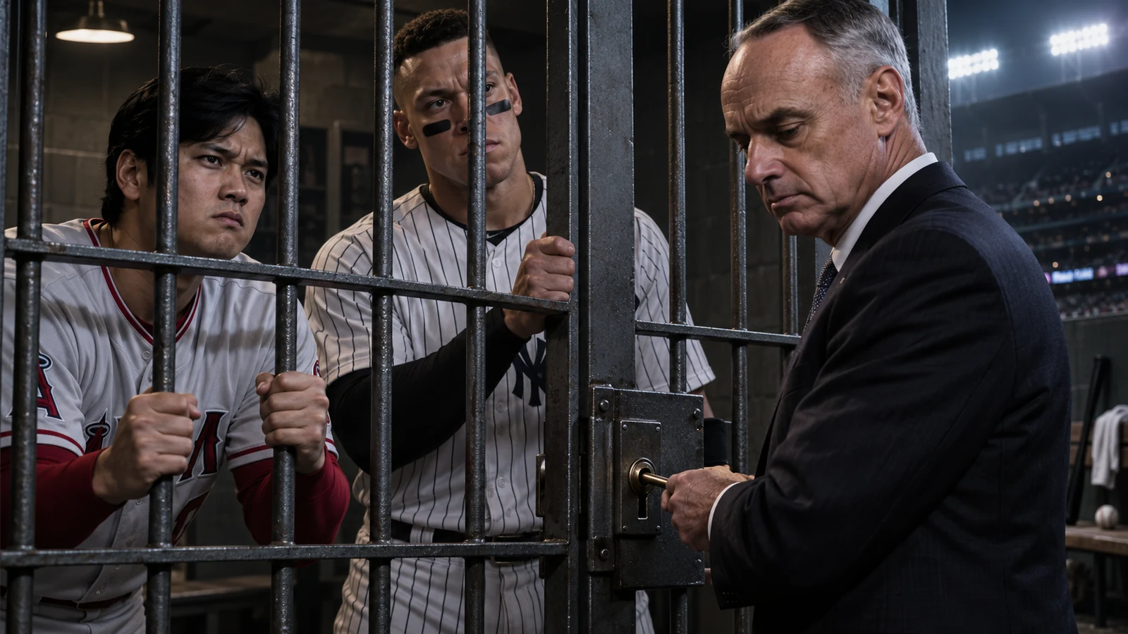 Editorial illustration of Shohei Ohtani and Aaron Judge behind bars as Rob Manfred turns a key, symbolizing an MLB lockout.