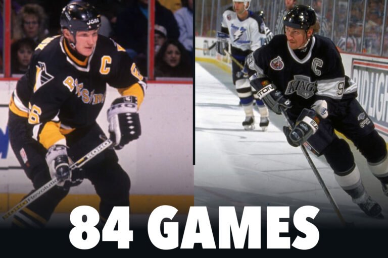 Archival photographs of Mario Lemieux with Pittsburgh and Wayne Gretzky with Los Angeles in 1993, above the words “84 Games.”
