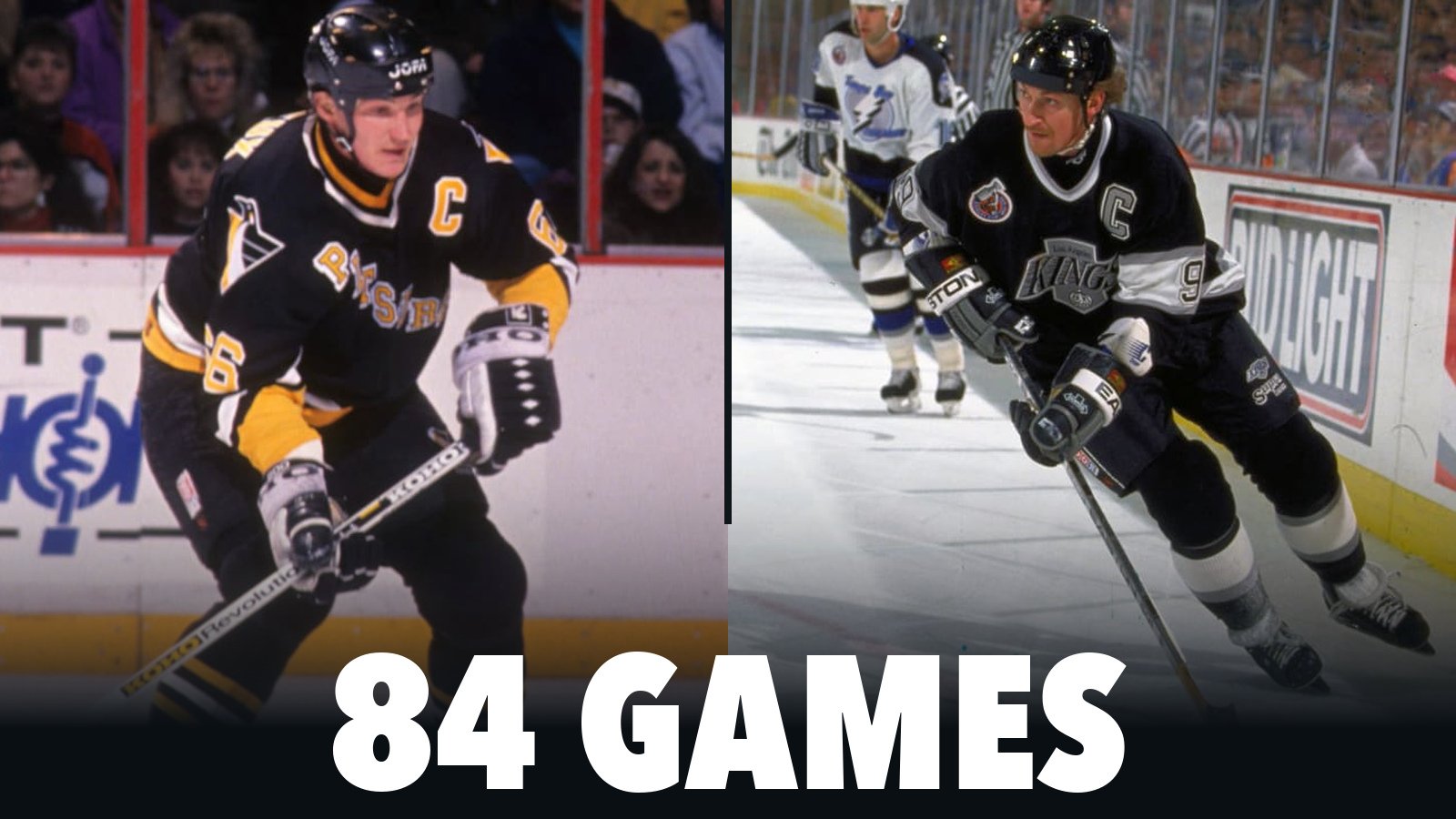Archival photographs of Mario Lemieux with Pittsburgh and Wayne Gretzky with Los Angeles in 1993, above the words “84 Games.”