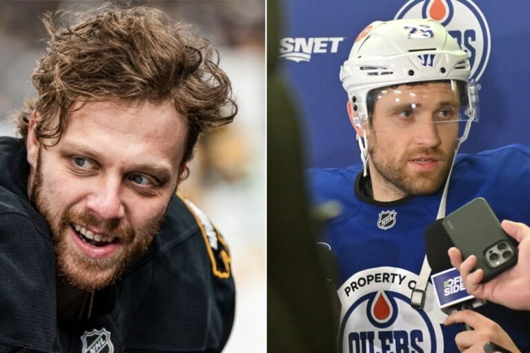 Separate photographs of David Pastrnak and Connor McDavid, whose teams play on NHL opening night.