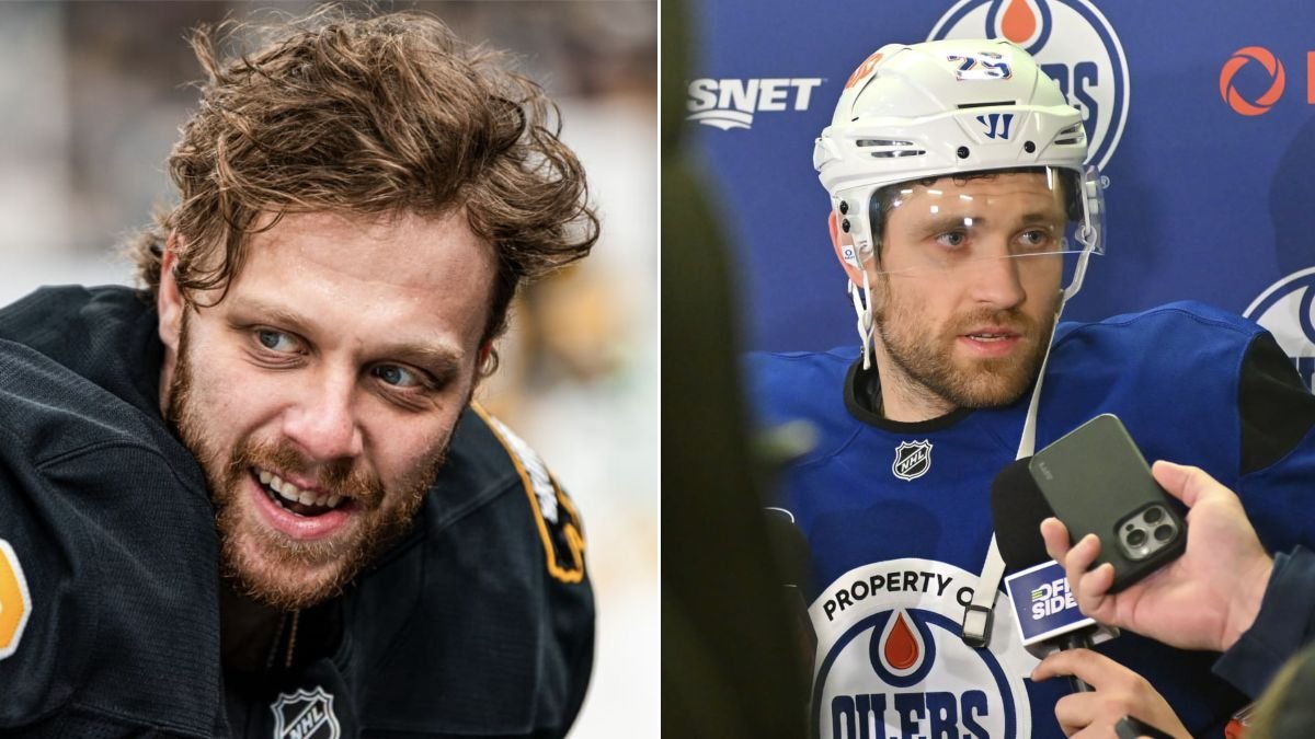 Separate photographs of David Pastrnak and Connor McDavid, whose teams play on NHL opening night.