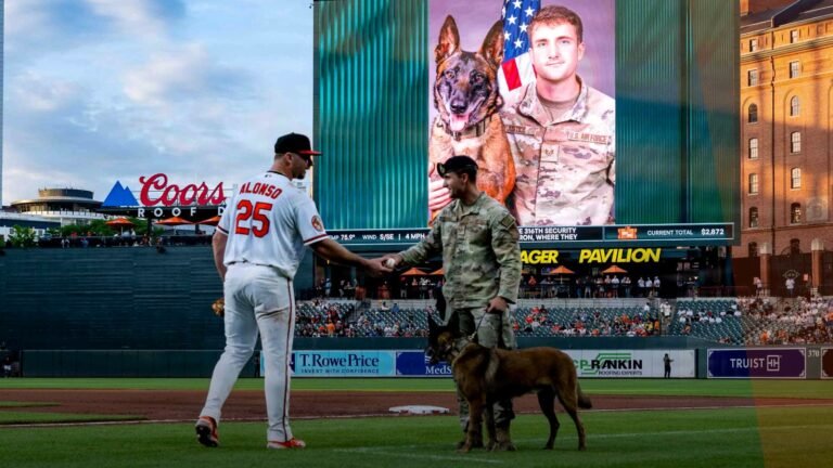 Pete Alonso in a Baltimore Orioles uniform at Oriole Park at Camden Yards