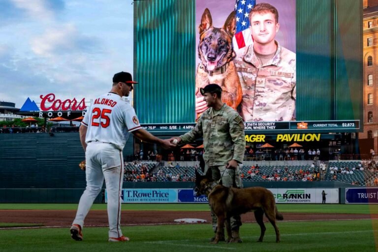 Pete Alonso in a Baltimore Orioles uniform at Oriole Park at Camden Yards