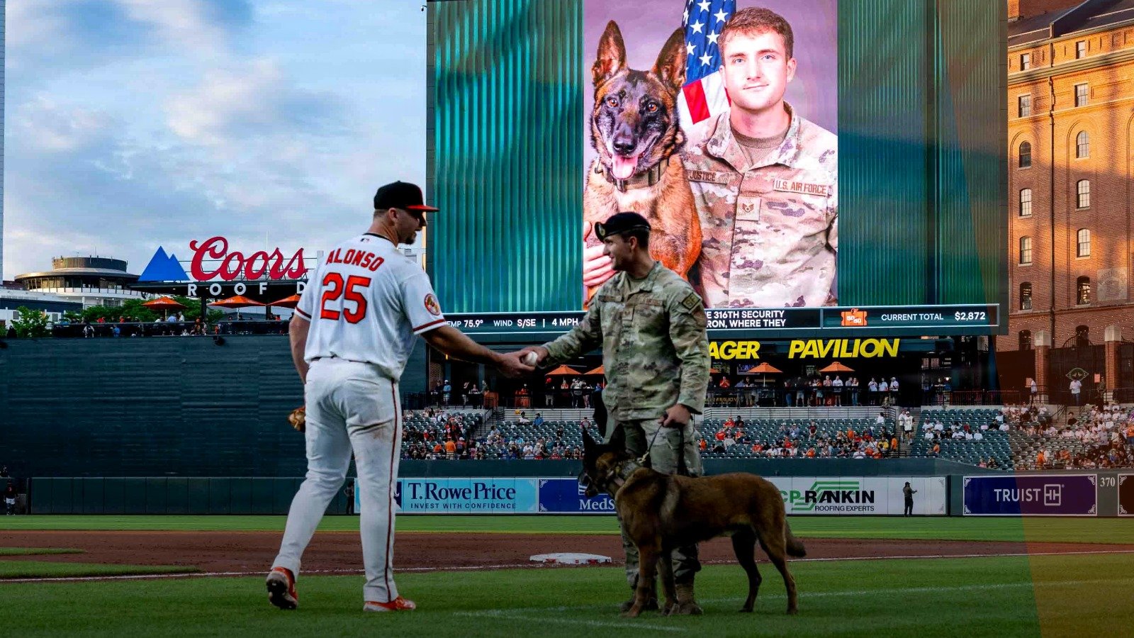 Pete Alonso in a Baltimore Orioles uniform at Oriole Park at Camden Yards