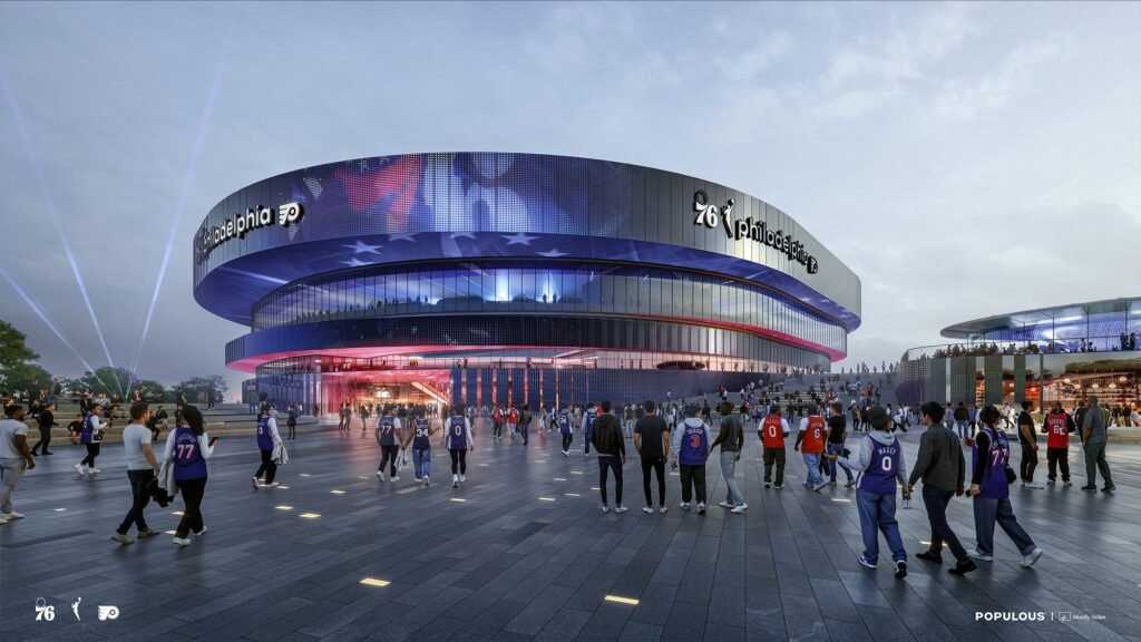 Rendering of the proposed Sixers and Flyers arena, with fans crossing the outdoor plaza beneath its curved, tiered facade.