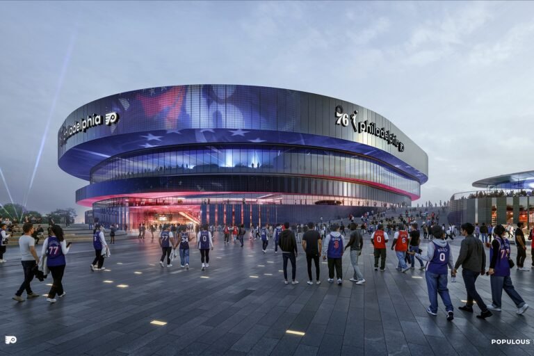 Rendering of the proposed Sixers and Flyers arena, with fans crossing the outdoor plaza beneath its curved, tiered facade.
