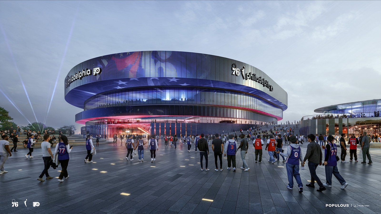Rendering of the proposed Sixers and Flyers arena, with fans crossing the outdoor plaza beneath its curved, tiered facade.