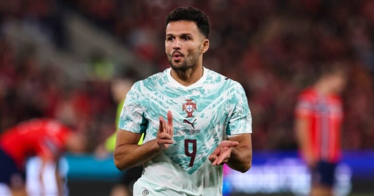 Gonçalo Ramos celebrates scoring against Norway in Oslo on September 27, 2026.