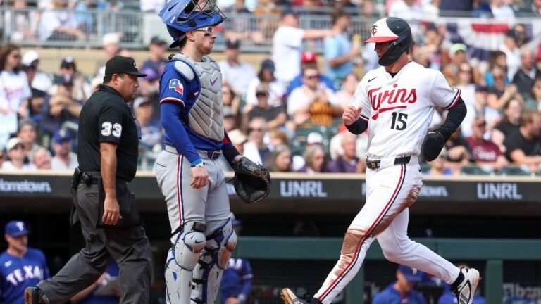 Luke Keaschall scores on Josh Bell’s first-inning sacrifice fly against Texas on September 27, 2026.