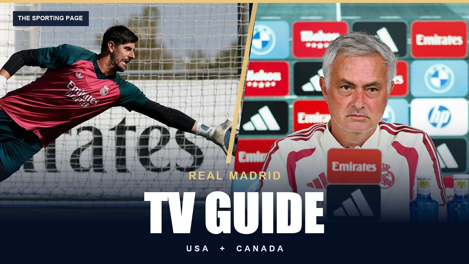 Thibaut Courtois and José Mourinho in a real-photo Real Madrid TV Guide cover for the USA and Canada.