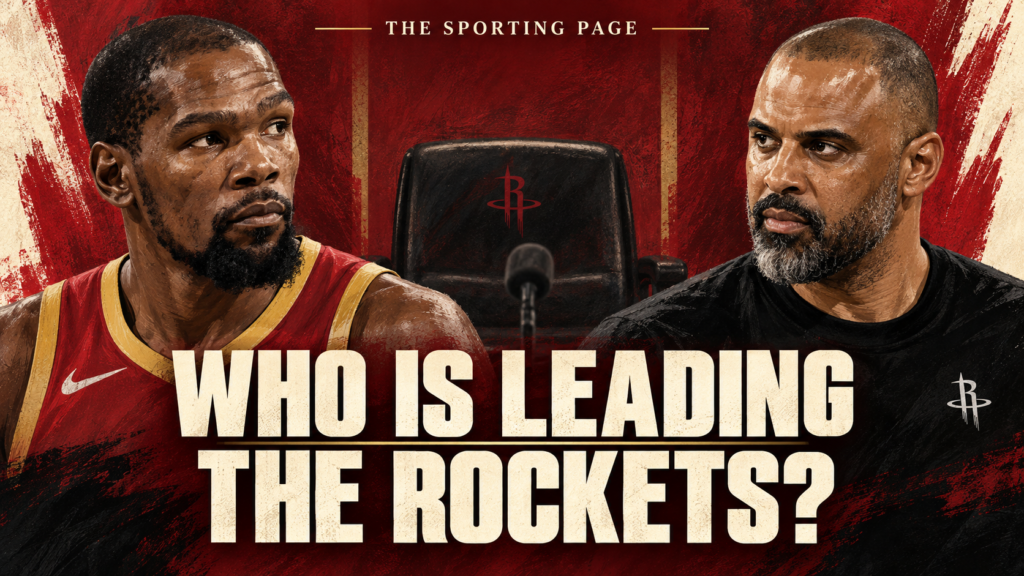 Illustrated portraits of Kevin Durant and Ime Udoka beside an empty chair, with the words Who Is Leading the Rockets?