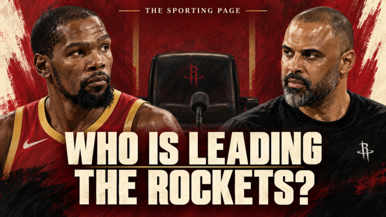 Illustrated portraits of Kevin Durant and Ime Udoka beside an empty chair, with the words Who Is Leading the Rockets?