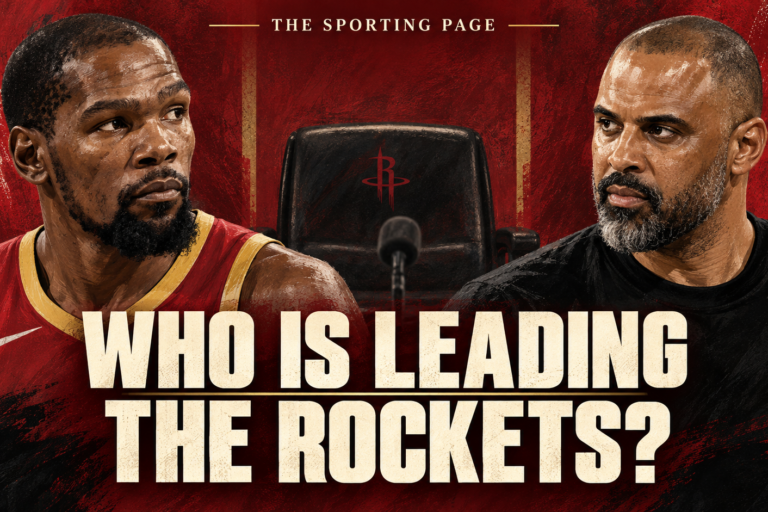 Illustrated portraits of Kevin Durant and Ime Udoka beside an empty chair, with the words Who Is Leading the Rockets?
