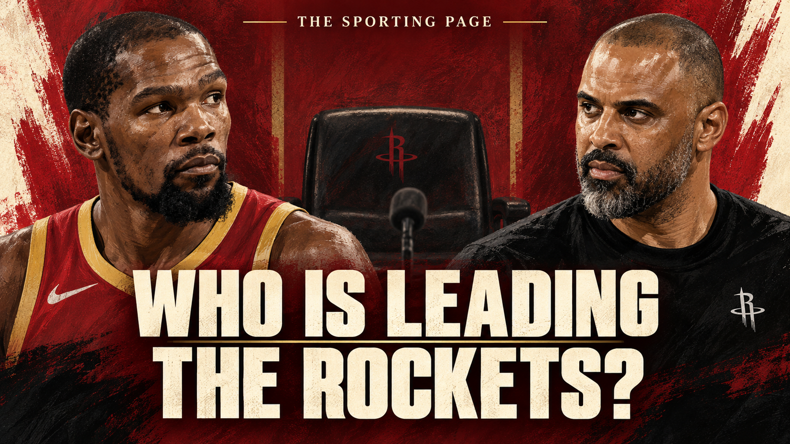 Illustrated portraits of Kevin Durant and Ime Udoka beside an empty chair, with the words Who Is Leading the Rockets?